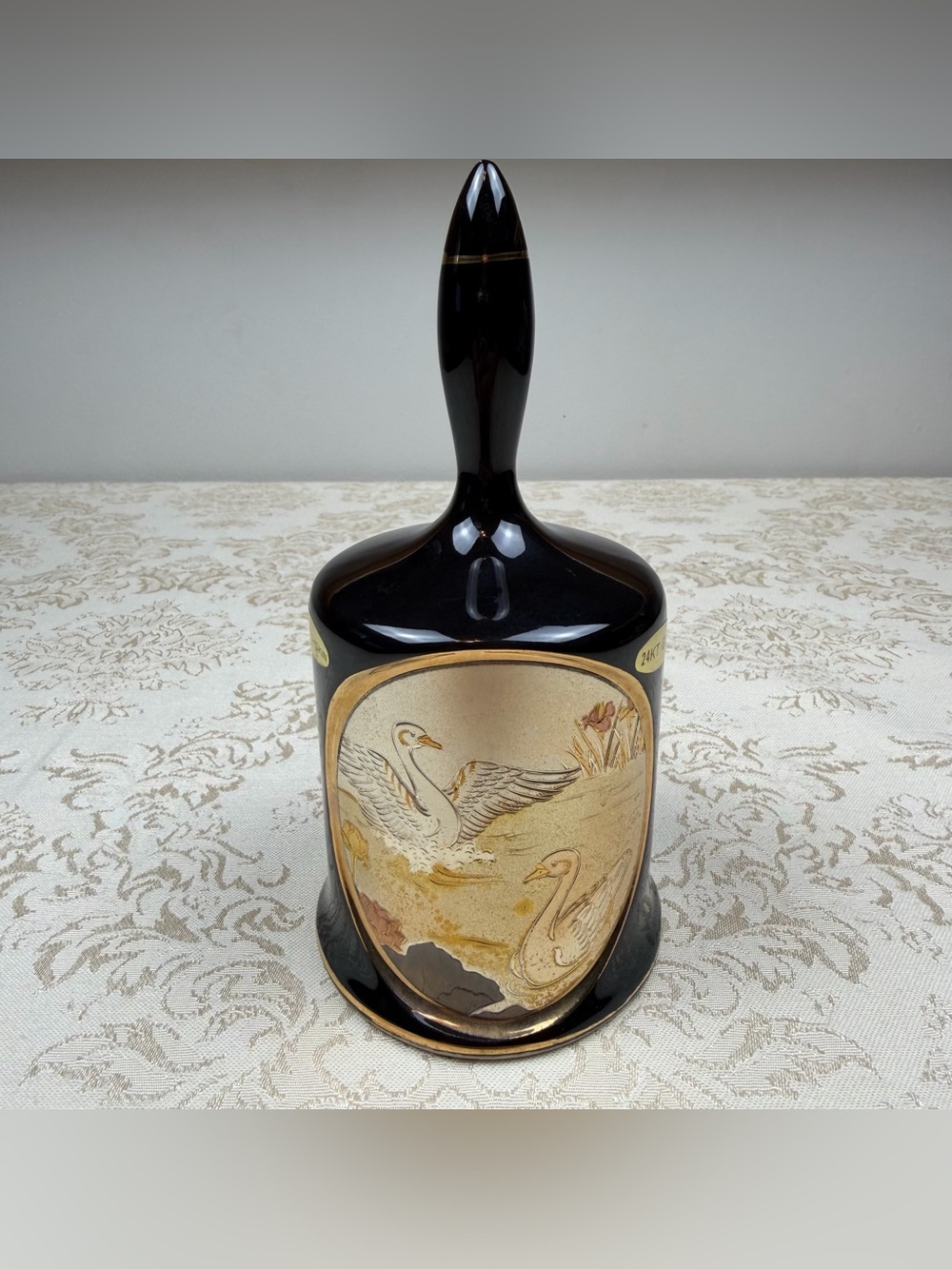 Vintage Dynasty Art of Chokin Black and Gold Swans Bell, 24Kt.